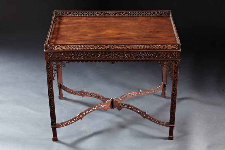 English Masterpiece Chippendale Pierced Fret Carved Mahogany Tea Table