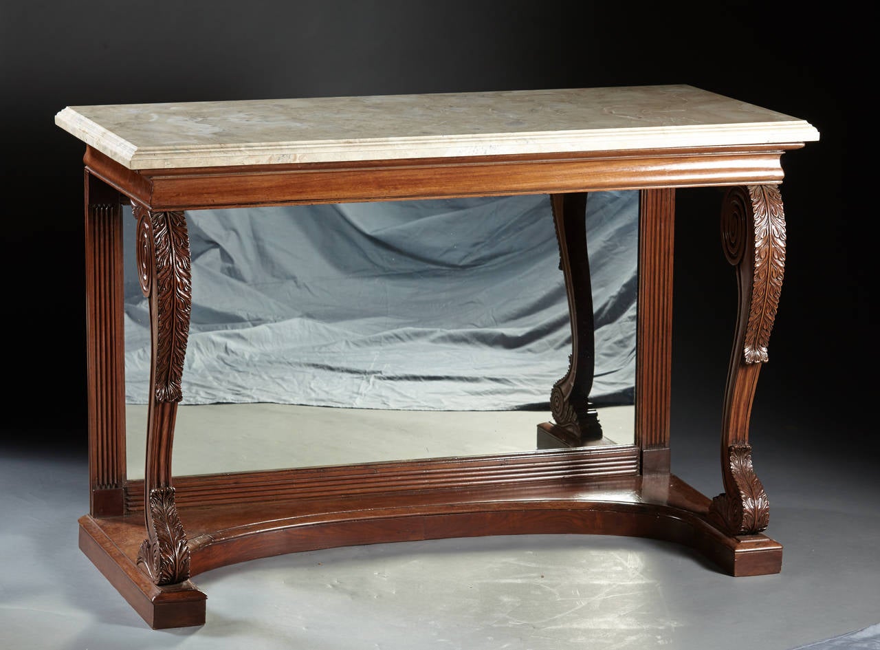 A Pair of Carved English Regency Period Marble Top Consoles, Circa 1820