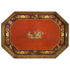 Red Lacquered English Regency Period Tray with Paint Decoration, 1810