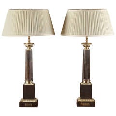Pair of French Gilt and Patinated Bronze Column Lamps