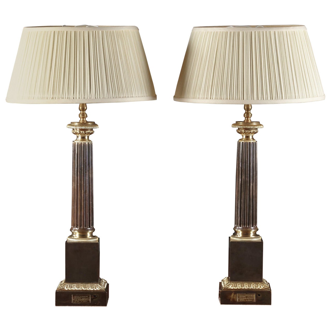 Pair of French Gilt and Patinated Bronze Column Lamps For Sale