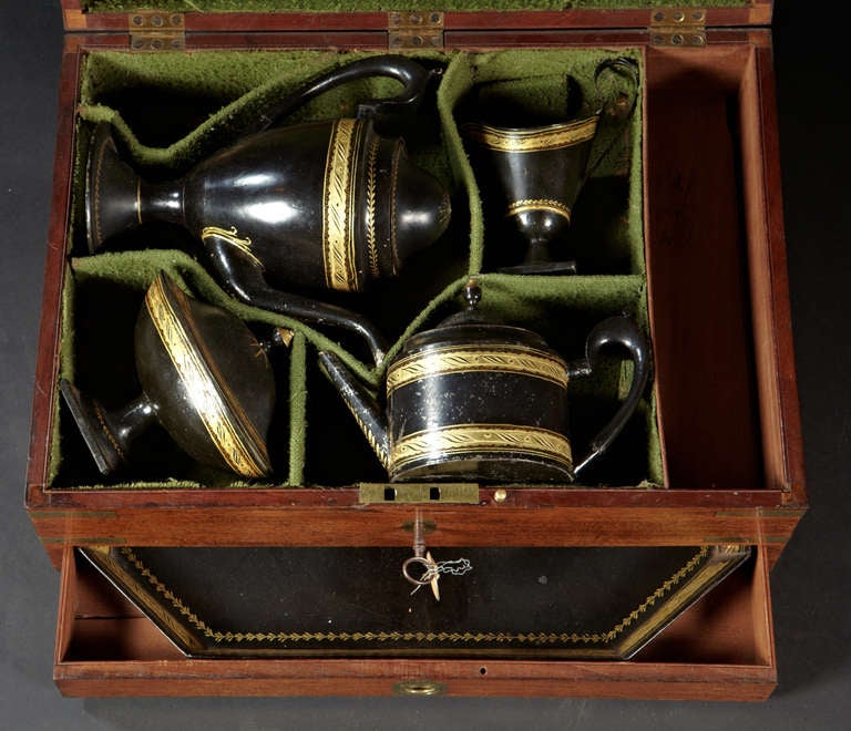 British An English Regency Campaign Type Boxed Tole Tea Set For Sale