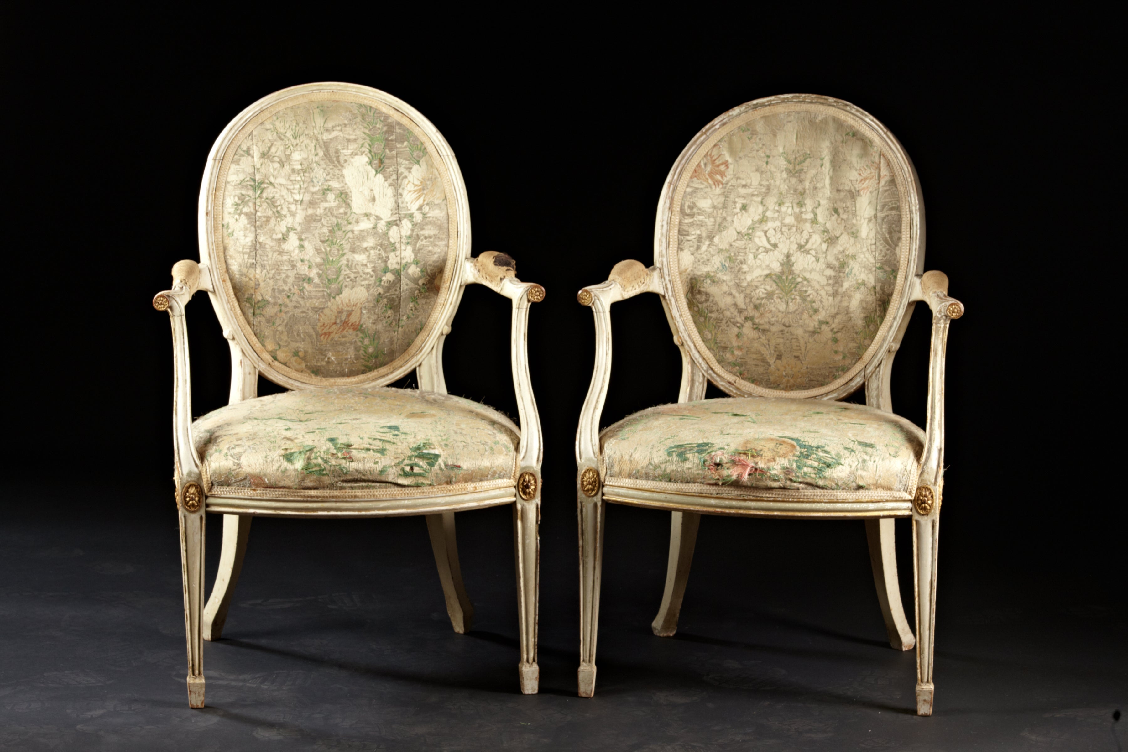 18th C. English Hepplewhite Painted and Gilt Oval Back Armchairs