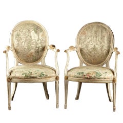 Antique 18th C. English Hepplewhite Painted and Gilt Oval Back Armchairs