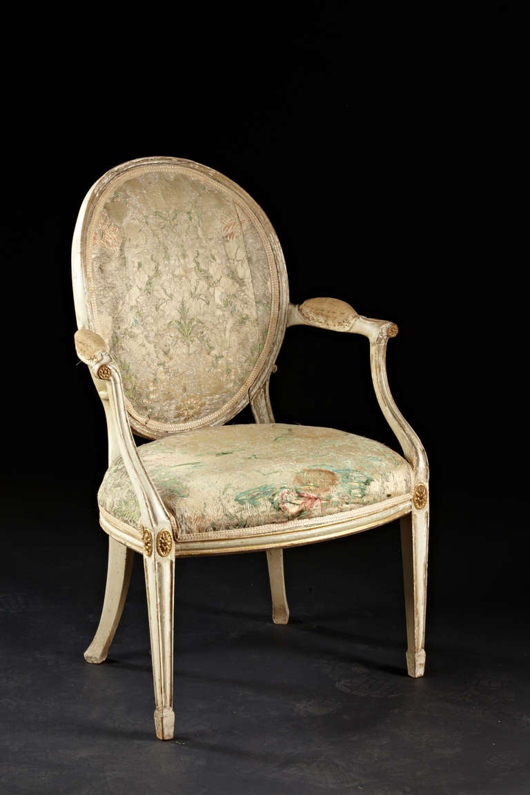 British 18th C. English Hepplewhite Painted and Gilt Oval Back Armchairs