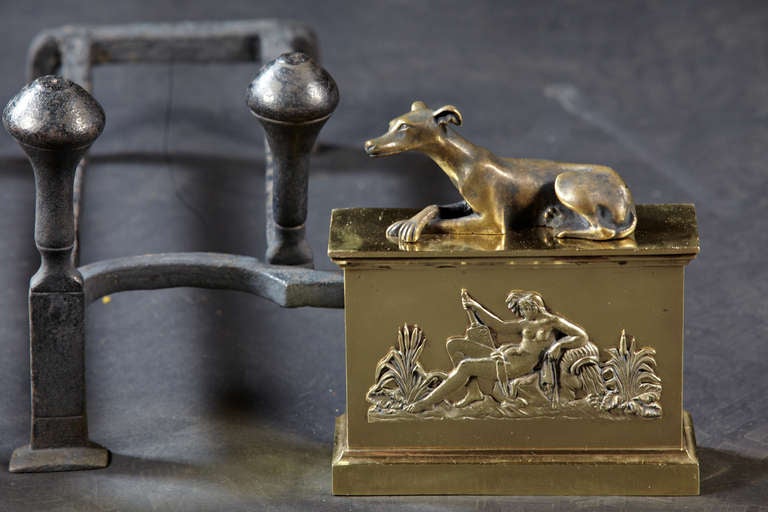 Polished Bronze French Empire  Dog Themed Chenets Andirons