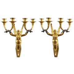 A Pair of French Empire Gilt Bronze Four Light Sconces, Wall Lights