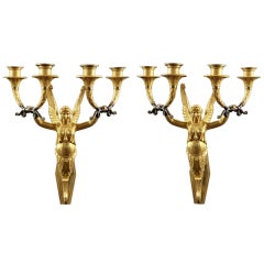 A Pair of French Empire Gilt Bronze Four Light Sconces, Wall Lights