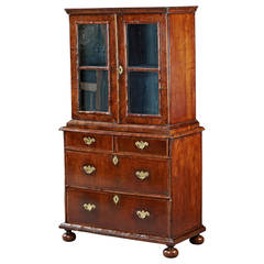 Early English Walnut Cabinet on Chest or Bookcase, circa 1720