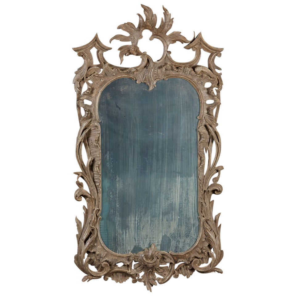 Rare Painted 18th Century English Chippendale Foliate Carved Mirror For Sale