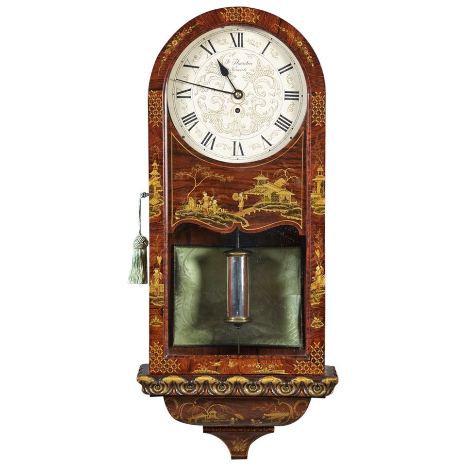 English Regency Period Chinoiserie Decorated Rosewood Hanging Clock For Sale