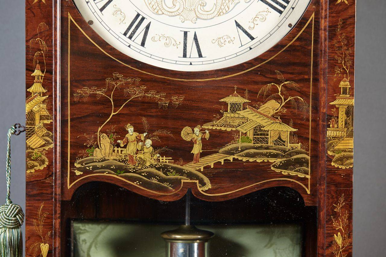 Veneer English Regency Period Chinoiserie Decorated Rosewood Hanging Clock For Sale