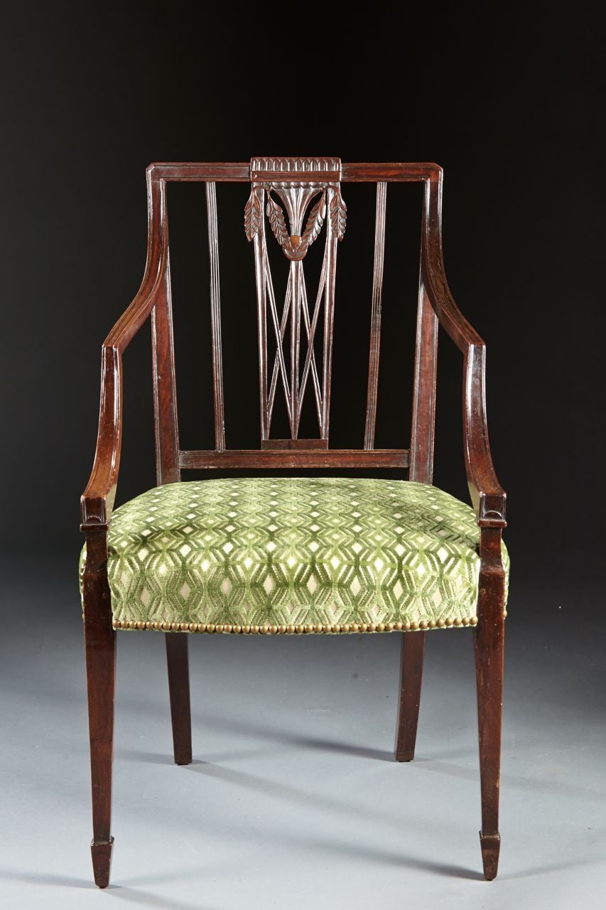 Carved Fine Set of Eight English Mahogany Hepplewhite Period Dining Chairs For Sale