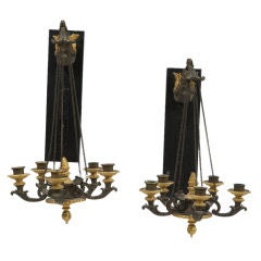 A Pair of English Gilt Bronze Hanging Wall Sconces Chandeliers
