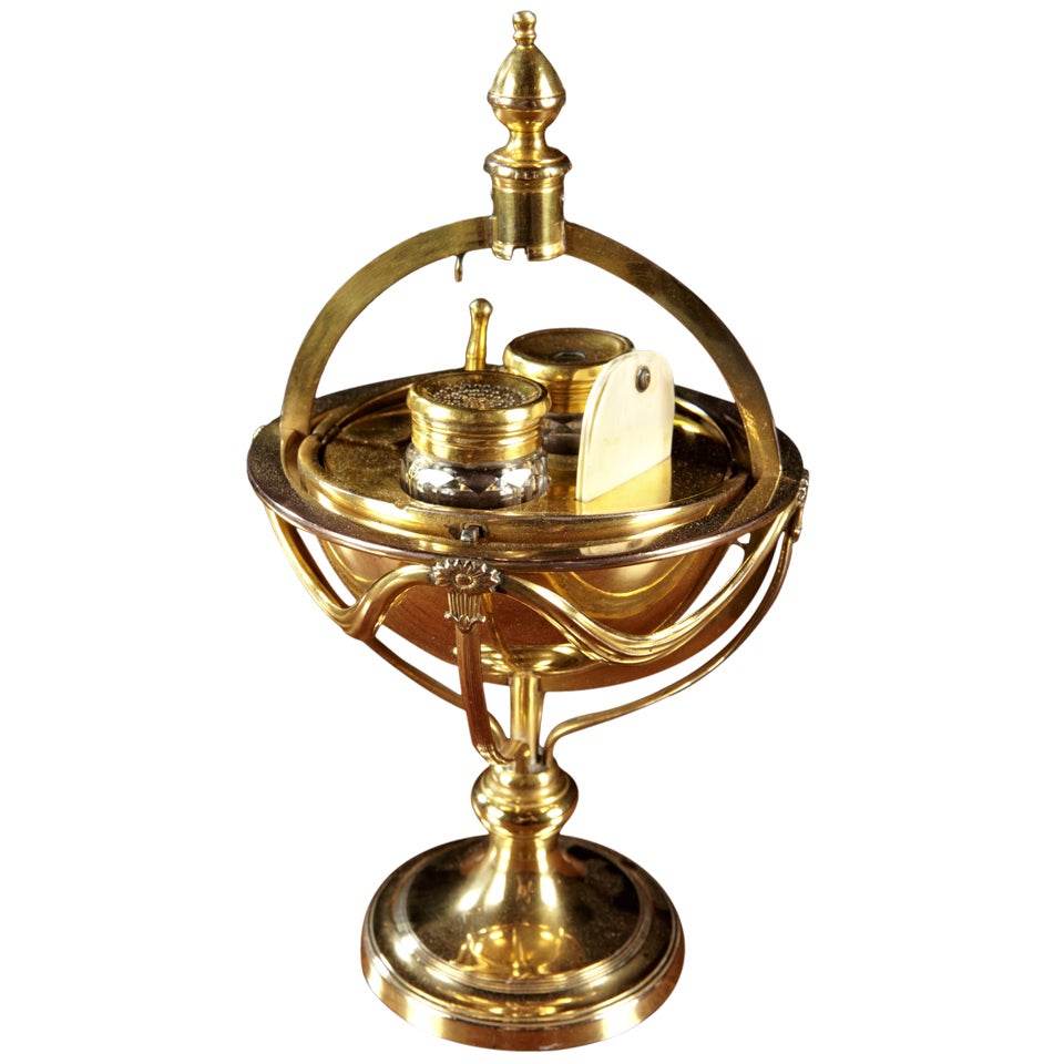 A French Gilt Metal Globe Form Inkwell or Standish For Sale