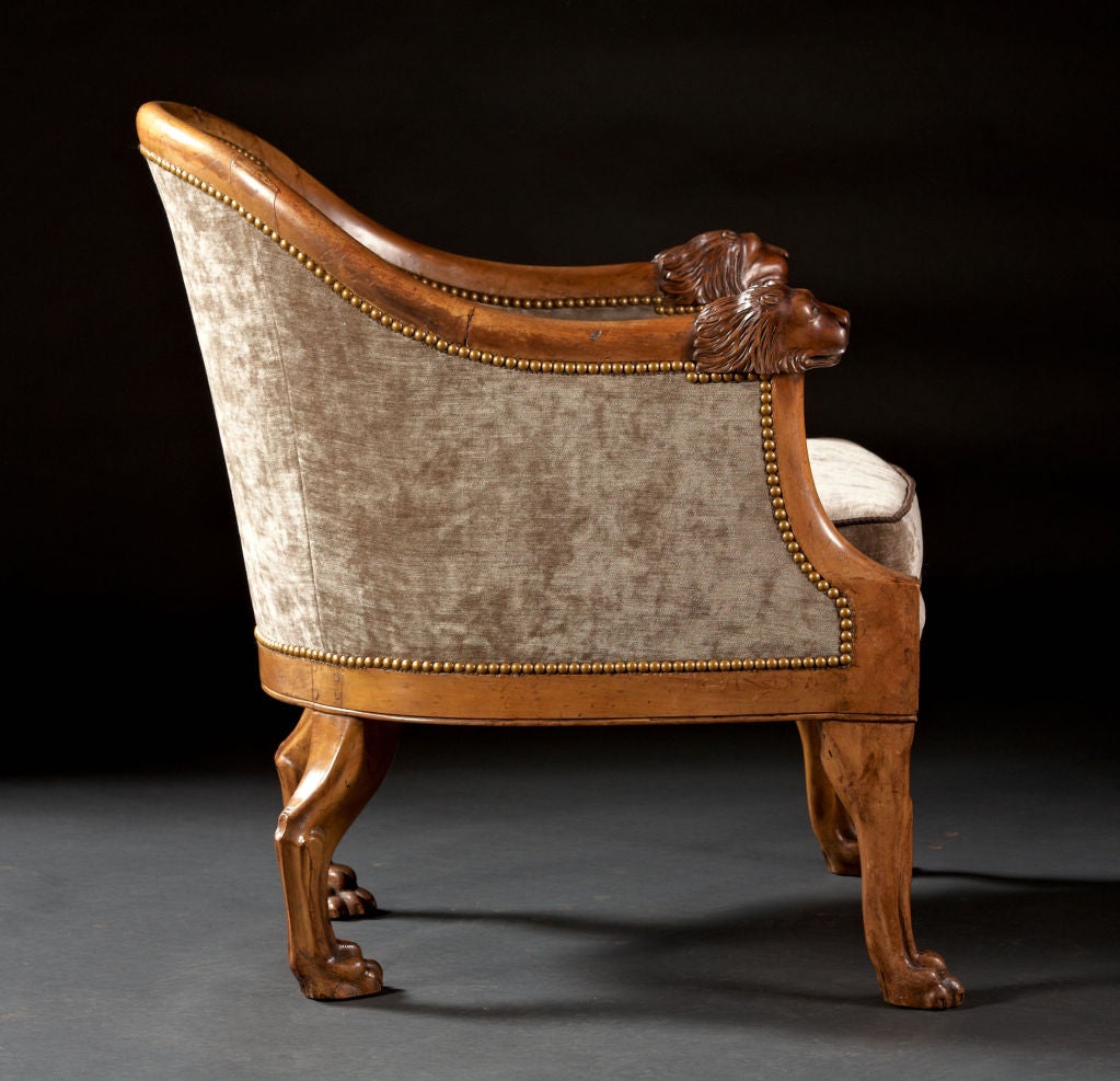 Dramatic Pair of Italian Walnut Tub Chairs With Carved Lions 1