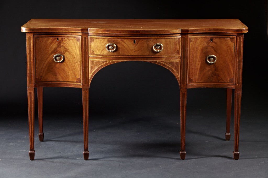 18th Century and Earlier A Very Fine English Sheraton Period Serpentine Inlaid Sideboard For Sale