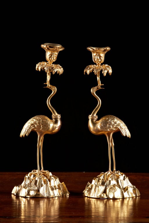 19th C. Whimsical, Exotic Gilt Bronze Candlesticks Signed Abbott