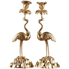 19th C. Whimsical, Exotic Gilt Bronze Candlesticks Signed Abbott