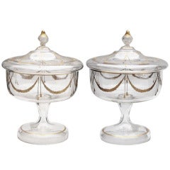 A Pair of Lidded and Gilt Decorated Glass Compotes