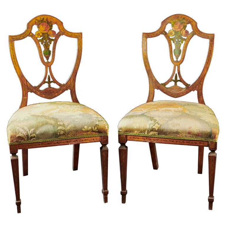 A Pair of Painted Satinwood  English Shield Back Side Chairs For Sale