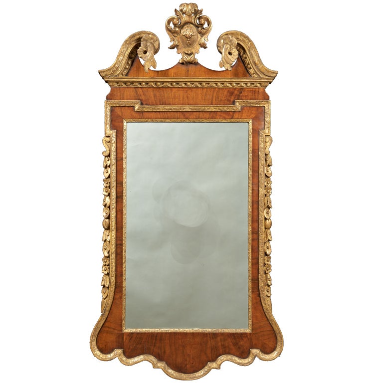 An Early 18th C. George II Walnut and Parcel Gilt Mirror For Sale