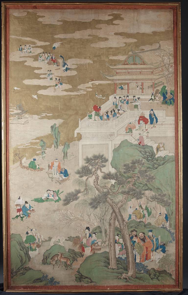 A large Chinese wallpaper panel from the 18th century now in a faux bamboo and gilt molded frame. The subject or theme is man in nature experiencing a harmonic balance and respect for his environment. The colors and palate are calming.