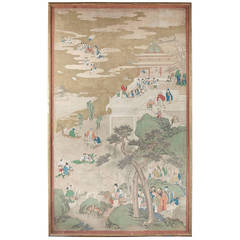 Antique Large 18th Century Chinese Painted Paper Panel "Immortals"