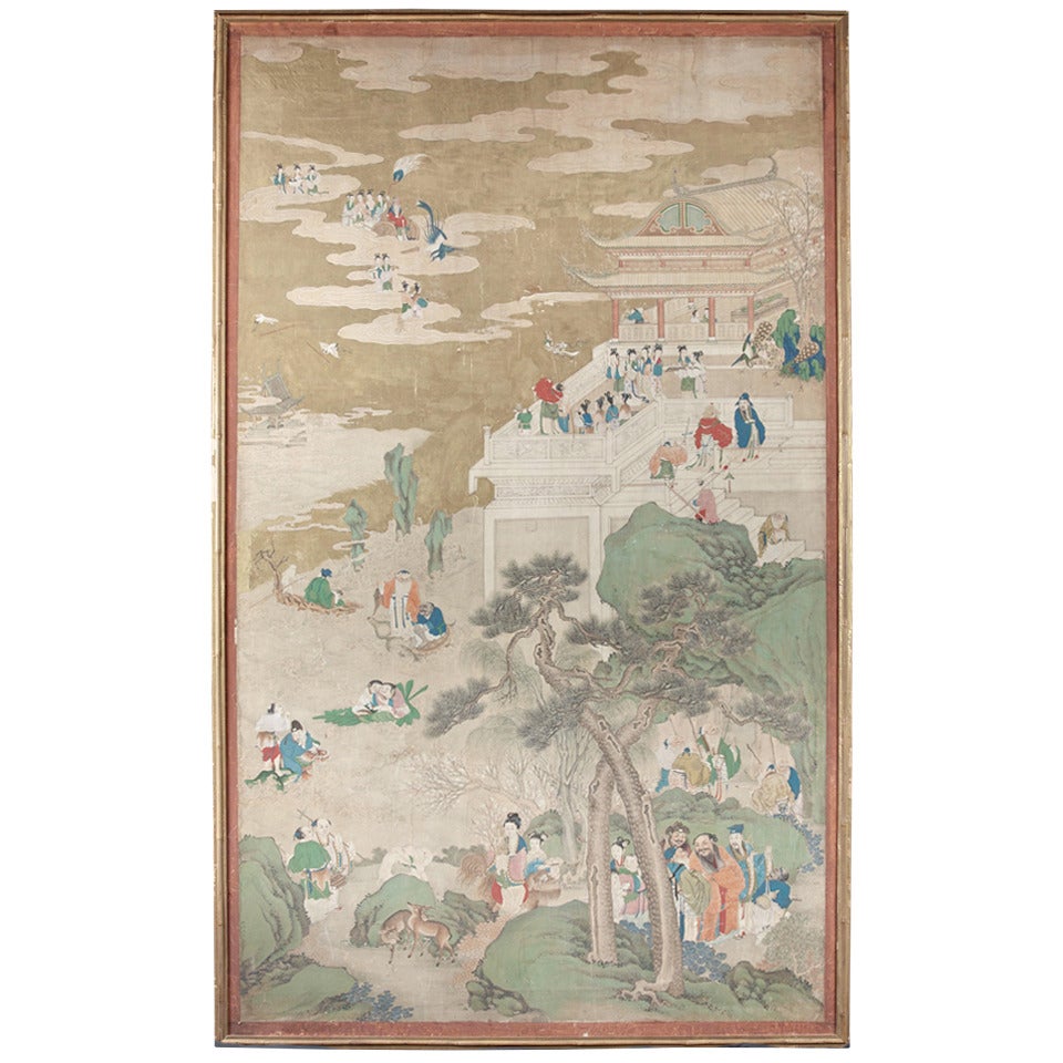 Large 18th Century Chinese Painted Paper Panel "Immortals"