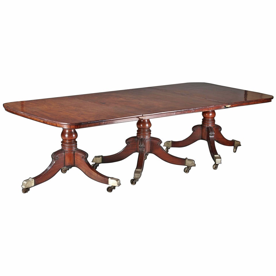 Bold and Beautiful Regency Mahogany, Three Pedestal Dining Table For Sale