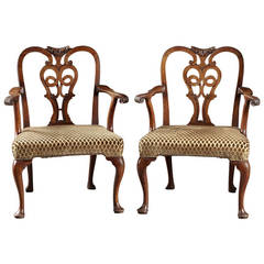 Antique Pair of 18th Century Carved Walnut George II Library Armchairs