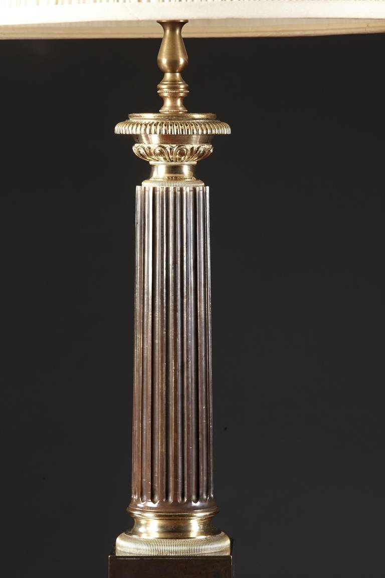 Neoclassical Revival Pair of French Gilt and Patinated Bronze Column Lamps For Sale