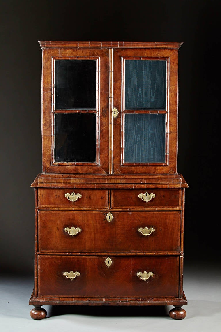 Early English Walnut Cabinet on Chest or Bookcase, circa 1720