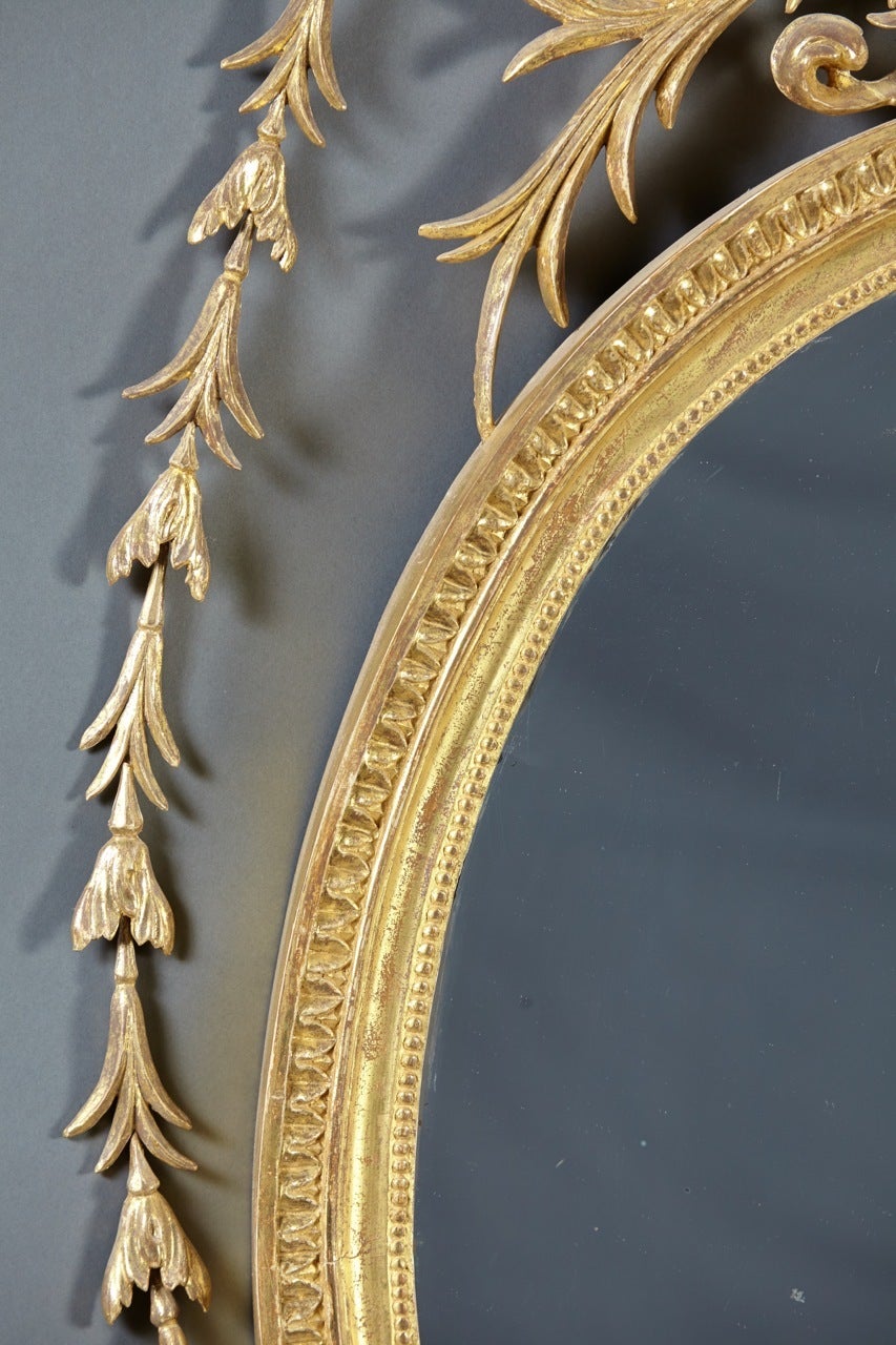 Fine English Hepplewhite Period Carved Giltwood Oval Mirror, circa 1770 For Sale 2