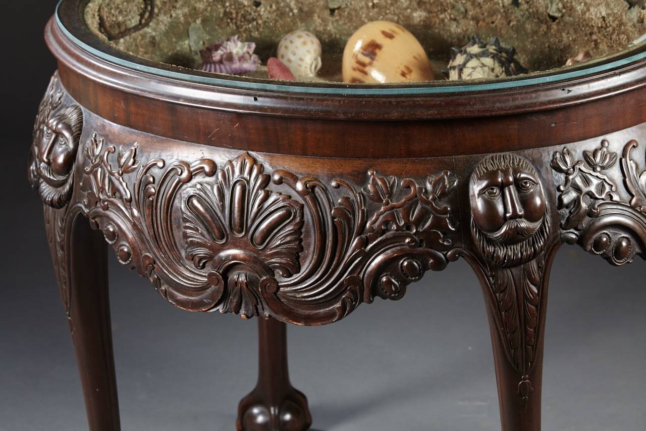 A superb Irish cellarette with carved whimsical frieze on cabriole legs ending in ball and claw feet, mid-19th century. Mahogany with original liner now holding a decorative shell collection.