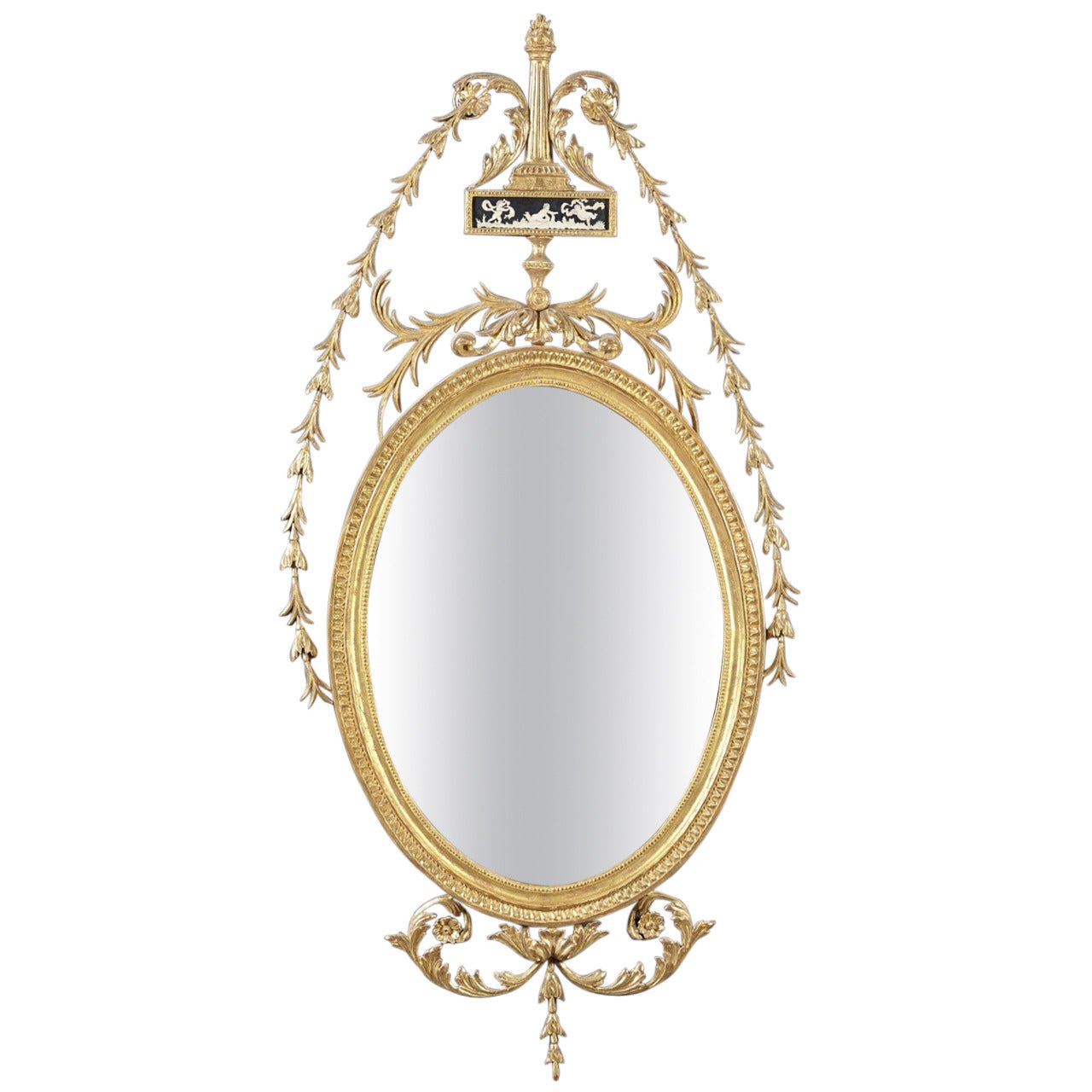 Fine English Hepplewhite Period Carved Giltwood Oval Mirror, circa 1770 For Sale