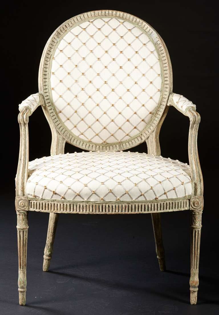 British A Pair of Painted Hepplewhite Oval Back Fauteuil Armchairs