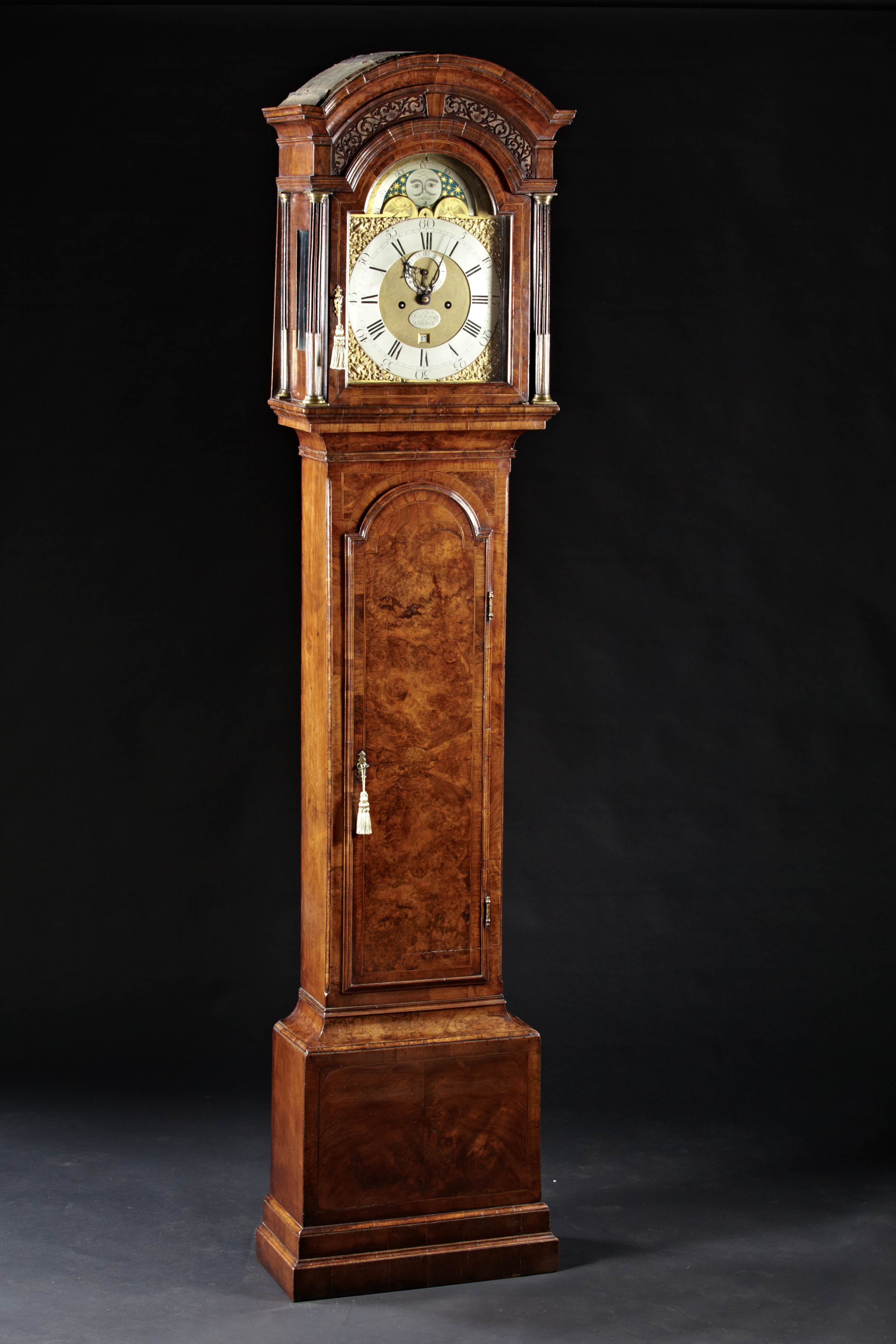 A George II Burl Walnut Tall Case London Clock with Moon Phase