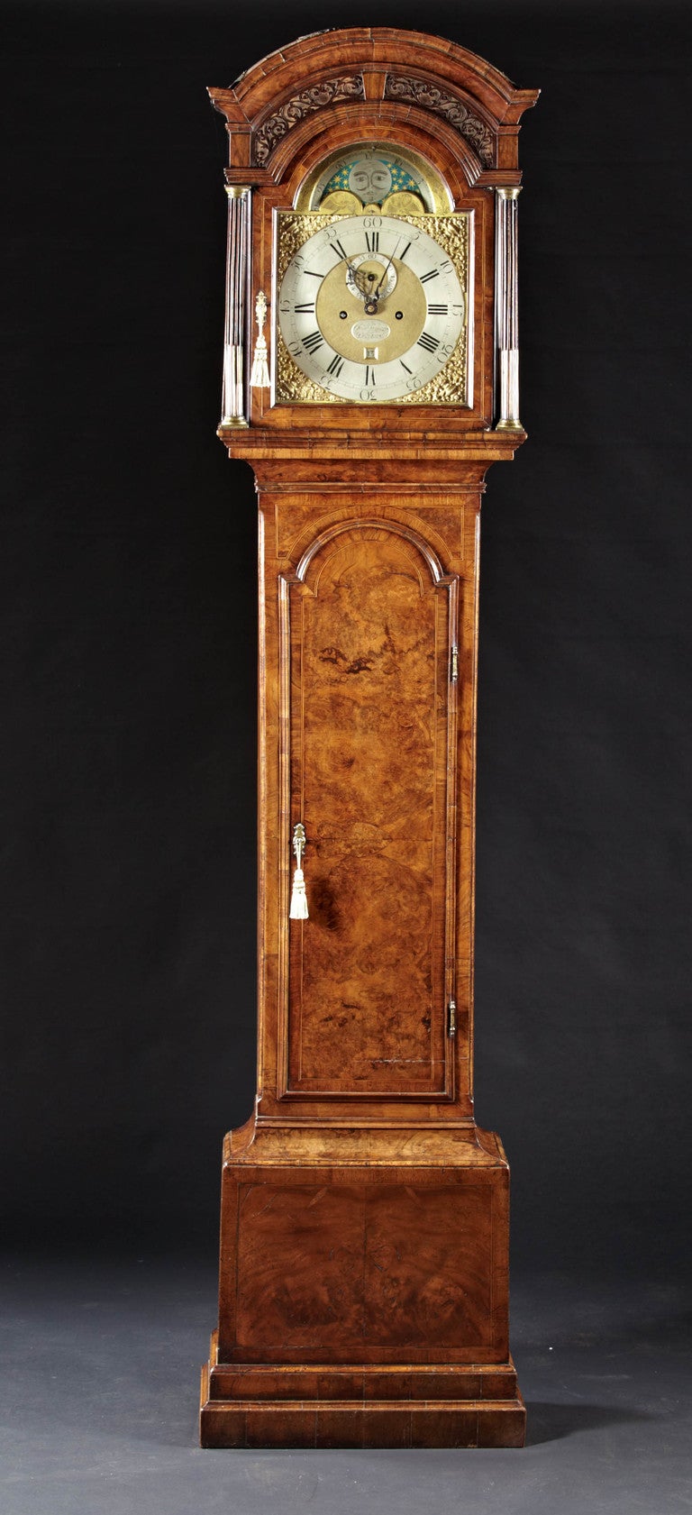 A George II Burl Walnut Tall Case London Clock with Moon Phase