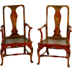 Pair of English Red Lacquer Queen Anne Armchairs 6