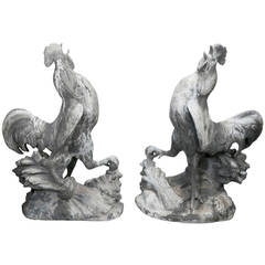 Antique Pair of French Lead Roosters