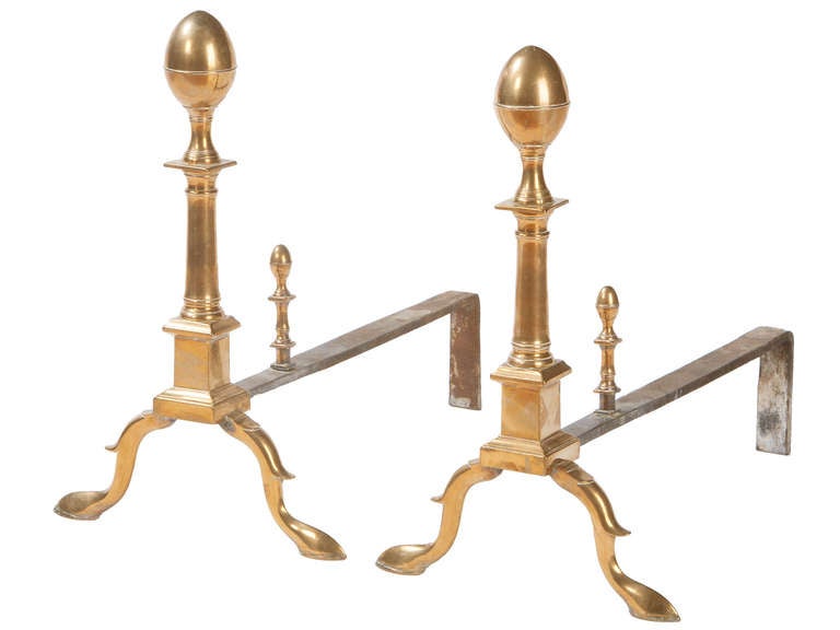 Pair of American New England Brass Lemon Top  Andirons