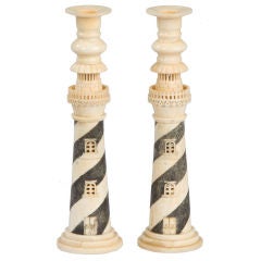 Vintage Pair of Anglo-Indian bone lighthouse candlesticks