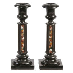 Pair of marble and inlaid semi-precious stone candlesticks 7