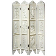 Arts and Crafts Period Painted Relief Carved Screen 7
