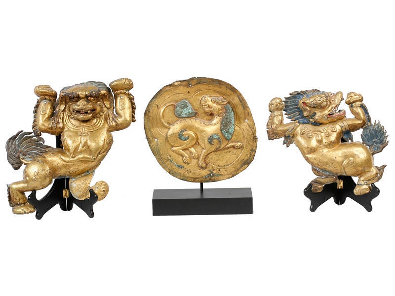 An assembled collection of 10 Tibetan Bronze and a few Repousse<br />
18th century Snow Lions. Magical creatures who in Tibetan Buddhism <br />
portray boundless cheerfulness and a mind without doubt, clear<br />
and precise