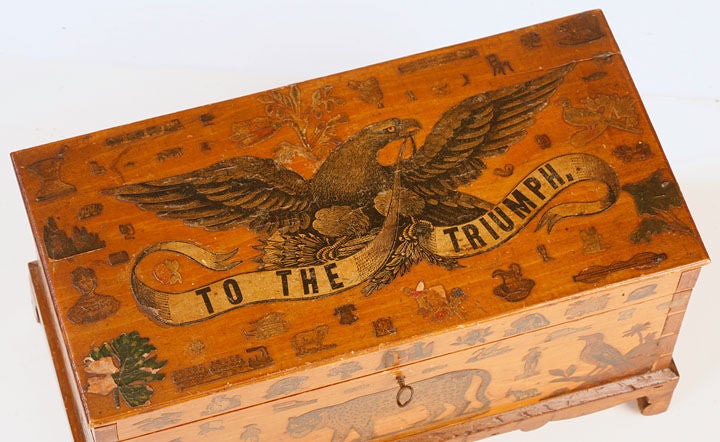 A Maple miniature blanket chest circa 1830 decorated with Decoupage to celebrate <br />
the Centennial in 1876