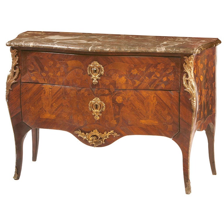 Louis XV Marble Top Marquetry Bombe Commode