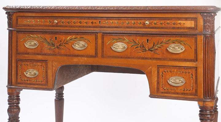 English Sheraton Satinwood Painted Writing Table In Good Condition For Sale In Norwalk, CT