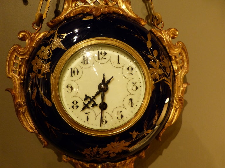 Rococo French Porcelain and Ormolu Wall Clock For Sale